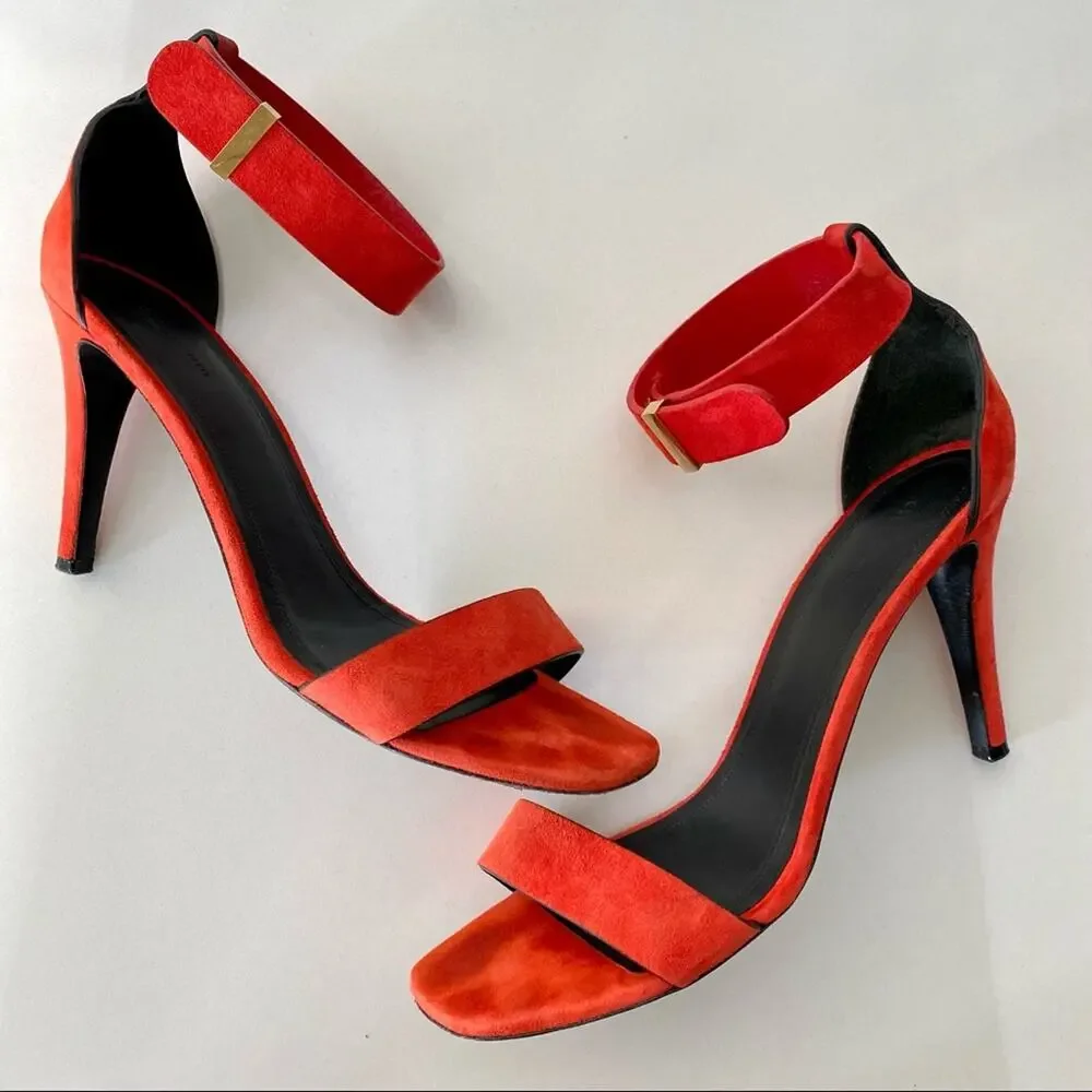 CELINE PARIS Italy Red Suede Gold Stiletto Ankle Strap High Heel Sandals 37